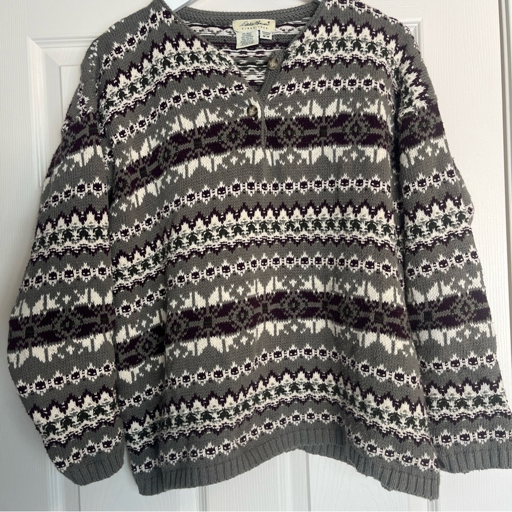Eddie Bauer Gray and Black Button-Up 100% Cotton Sweater Crewneck